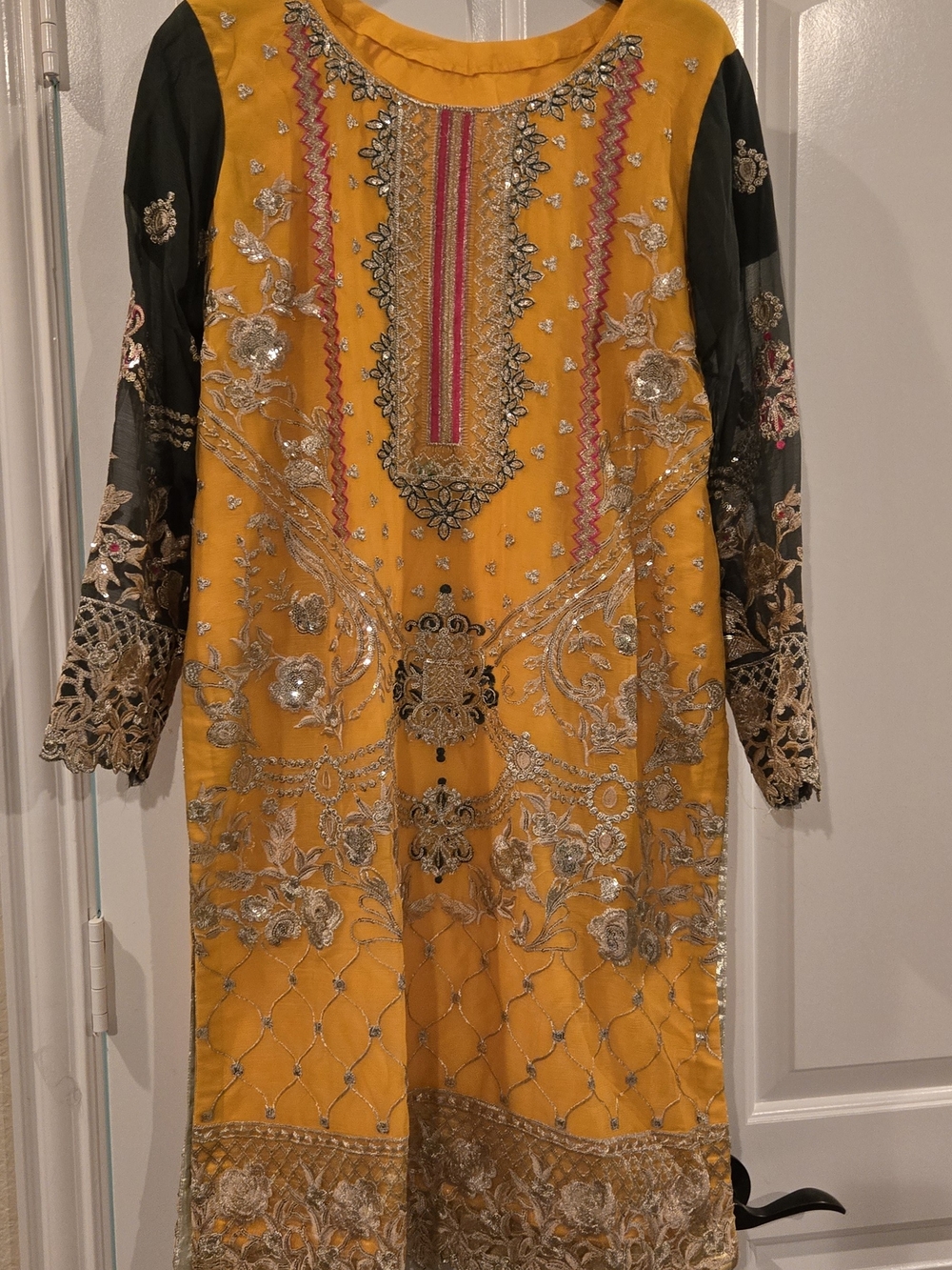 Embroidered Mustard Yellow Salwar Kameez with Green Sleeves